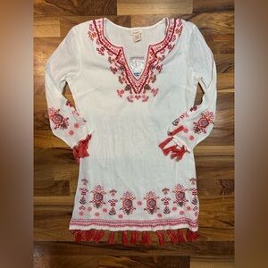 Sundance Catalog White Embroidered Boho Cotton Tunic Tassel Hem Size Small